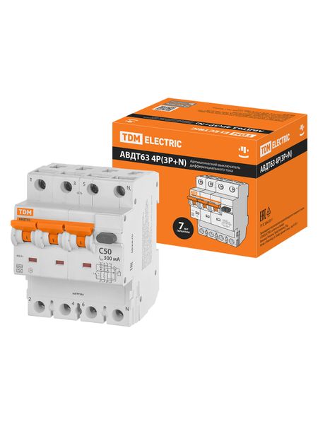 АВДТ 63 4P(3Р+N) C50 300мА 6кА тип А - Автоматический Выключатель Дифференциального тока TDM