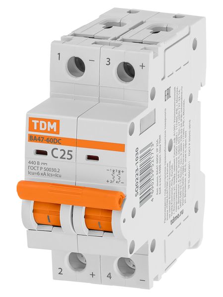Автоматический выключатель ВА47-60DC 2P 25А 6кА х-ка С 440В пост. тока TDM