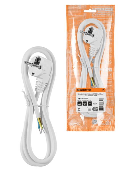 Шнур сетевой с вилкой ПВС-ВП 3x1,5мм² 3м с/з белый TDM