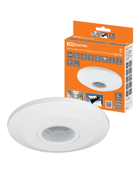 Датчик движения  потолочный ДДП-05 2000Вт, 10-900с, 6м , 3+Лк, 120(сбоку)+360(сверху)гр IP20, TDM