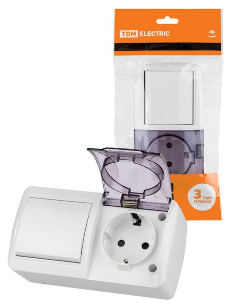 Блок выключатель 1-клавишный 10А + розетка 2П+З 16А с защитными шторками с прозрачной крышкой IP54 белый "Селигер" TDM
