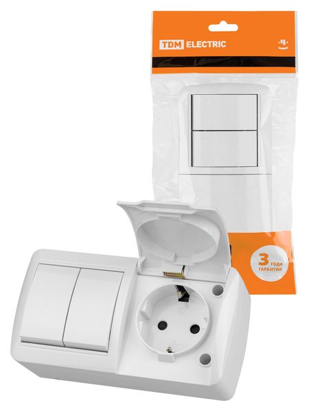 Блок выключатель 2-клавишный 10А + розетка 2П+З 16А с защитными шторками с крышкой IP54 белый "Селигер" TDM