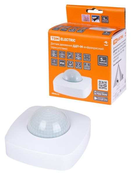 Датчик движения  потолочный ДДП-06 (присутствия) 2000Вт, 10-1800с, 20м , 3+Лк, 180(сбоку)+360(сверху)гр, IP20, TDM