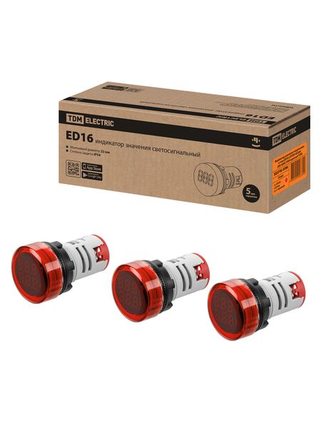 Индикатор значения напряжения и тока ED16-22VAD d22мм 20В-500В 100А красный TDM