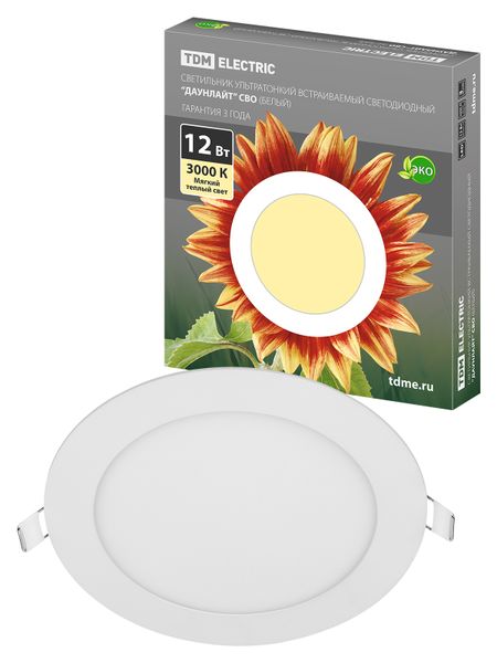 Светильник ультратонкий встраиваемый светодиодный "Даунлайт" СВО (белый) 12 Вт 3000К TDM