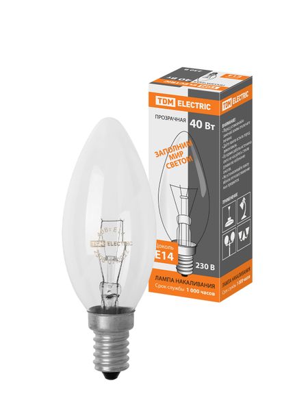 Лампа накаливания "Свеча прозрачная" 40 Вт-230 В-Е14 TDM