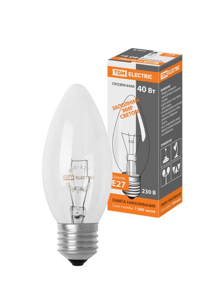 Лампа накаливания "Свеча прозрачная" 40 Вт-230 В-Е27 TDM