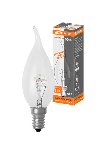 Лампа накаливания "Свеча на ветру" прозрачная 60 Вт-230 В-Е14 TDM