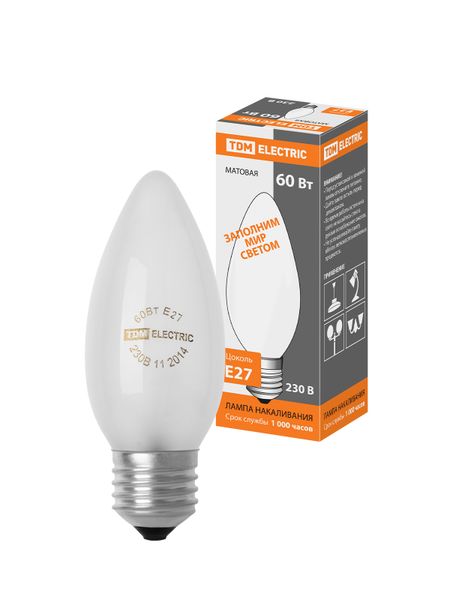 Лампа накаливания "Свеча матовая" 60 Вт-230 В-Е27 TDM
