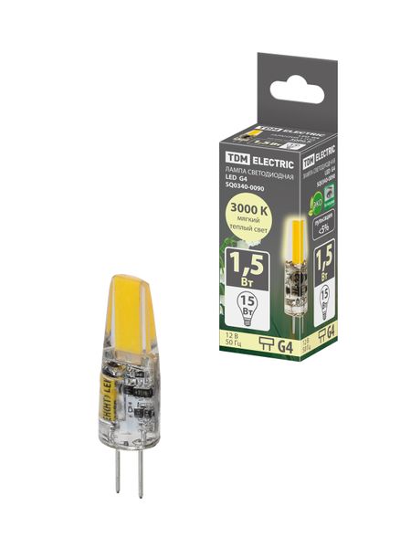 Лампа светодиодная G4-1,5 Вт-AC/DC 12 В-3000 К, COB, 9,5х36 мм TDM