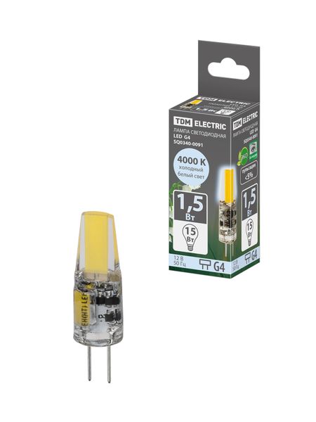 Лампа светодиодная G4-1,5 Вт-AC/DC 12 В-4000 К, COB, 9,5х36 мм TDM