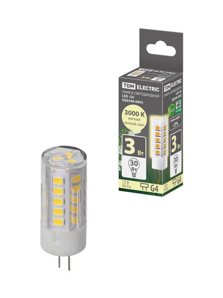 Лампа светодиодная G4-3 Вт-AC/DC 12 В-3000 К, SMD, 16x43 мм TDM