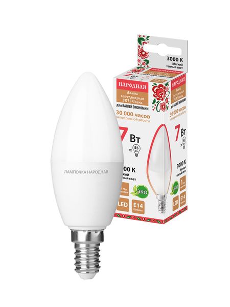 Лампа светодиодная FС37-7 Вт-230 В -3000 К–E14 Народная