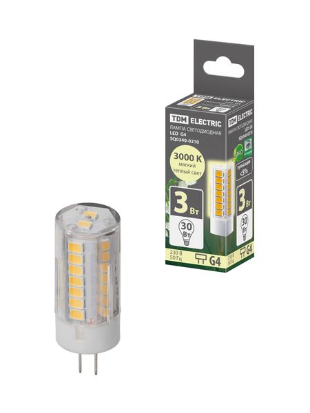 Лампа светодиодная G4-3 Вт-230 В-3000 К, SMD, 16x43 мм TDM