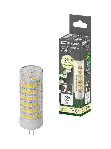 Лампа светодиодная G4-7 Вт-230 В-3000 К, SMD, 18,5x57 мм TDM