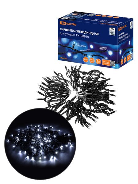 Гирлянда светодиодная СГУ100Б10, 10м, мерц-е, 6500К, каучук чер., посл. подкл, IP65, 250 В, TDM