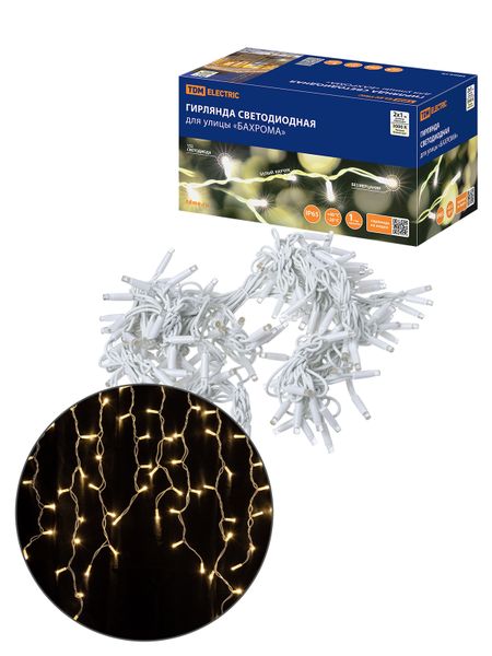 Гирлянда светодиодная "Бахрома" 2х1м, 152LED, 3000К, бел. шнур, посл. подкл, IP65, 250 В, TDM