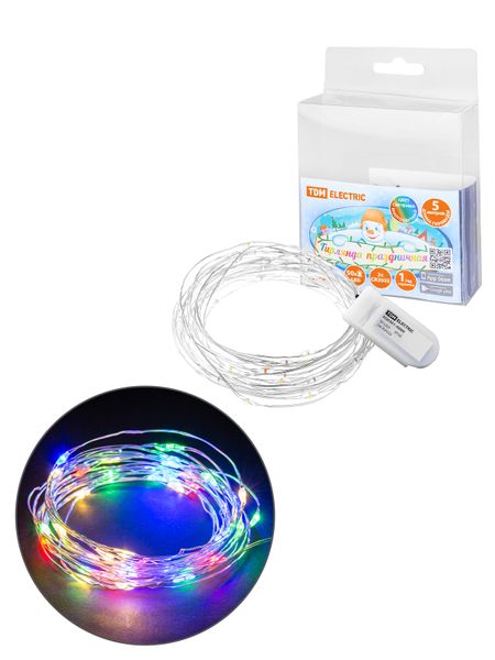 Гирлянда светодиодная "Роса50" 50LED, 5м, многоцвет., 2хCR2032 , TDM