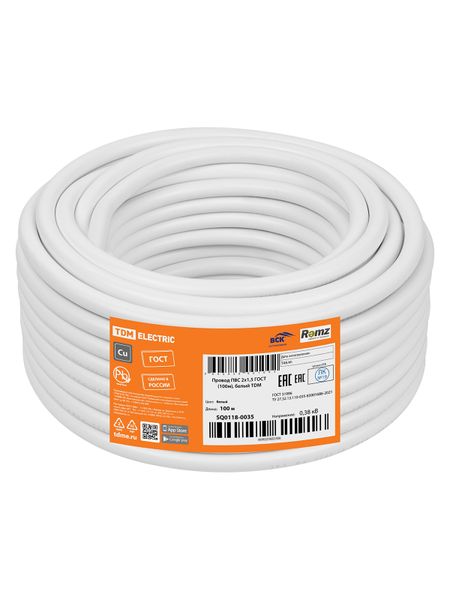 Провод ПВС 2х1,5 ГОСТ (100м), белый TDM